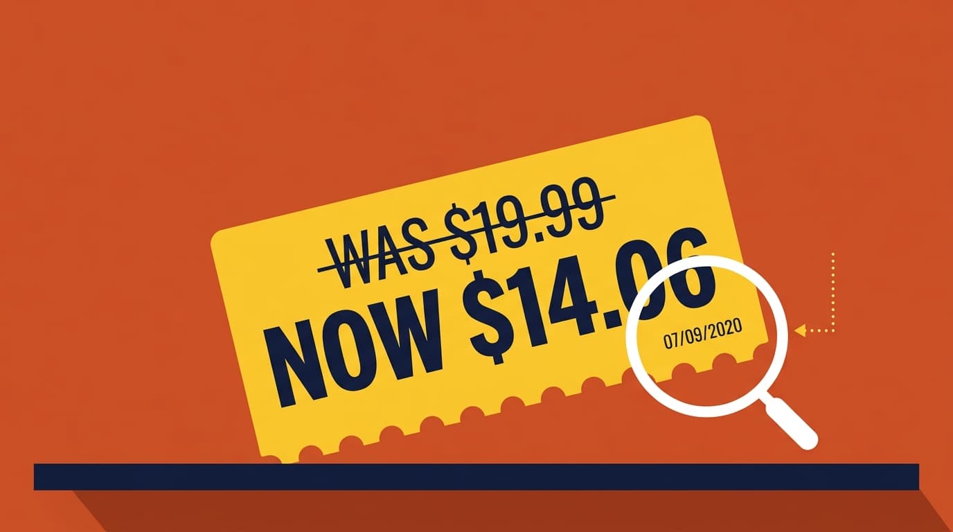 Illustration of a yellow clearance tag with a crossed-out WAS price, a bold NOW price, and a magnifying glass zoomed in on the printed date