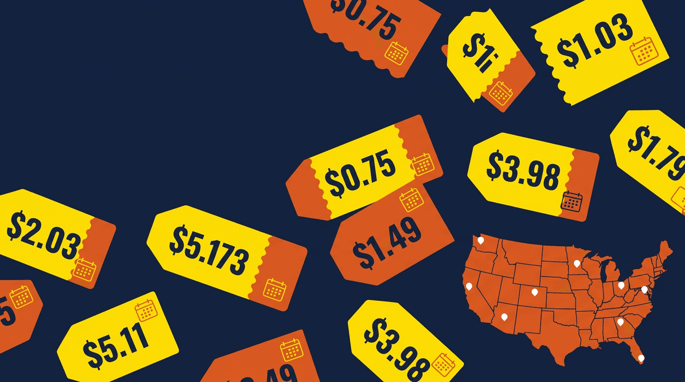 Illustration of scattered dated clearance price tags next to a US map dotted with store location pins