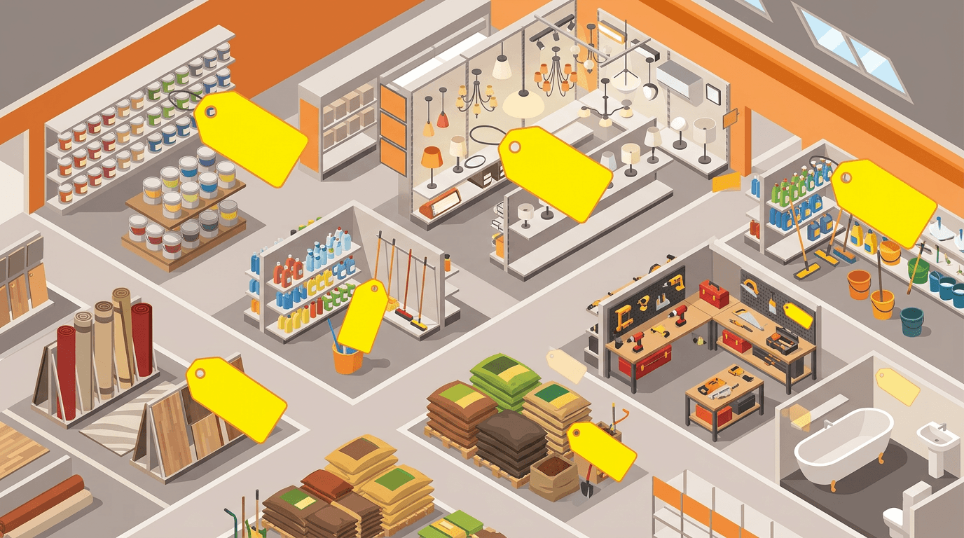 Isometric illustration of a hardware store floor split into departments, with large yellow clearance tags over paint, lighting, and cleaning and small faint tags over tools and bath