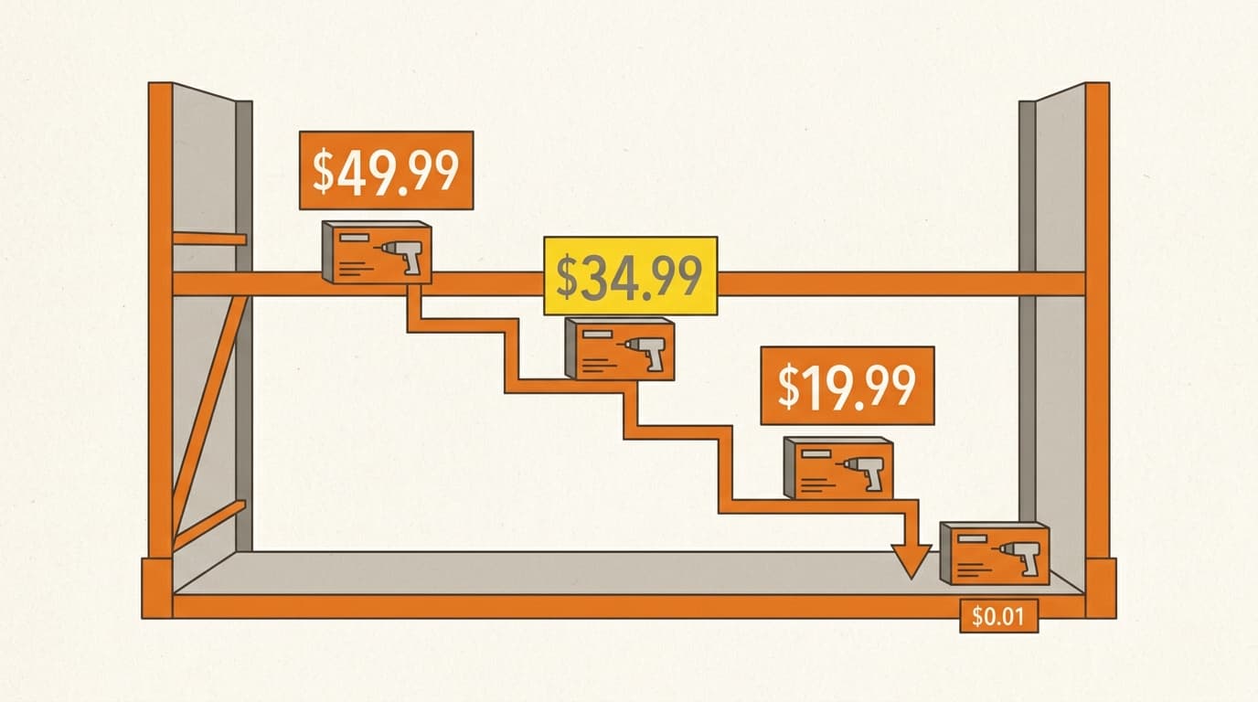 Illustration of a product moving down a series of price tags, from full price to one cent