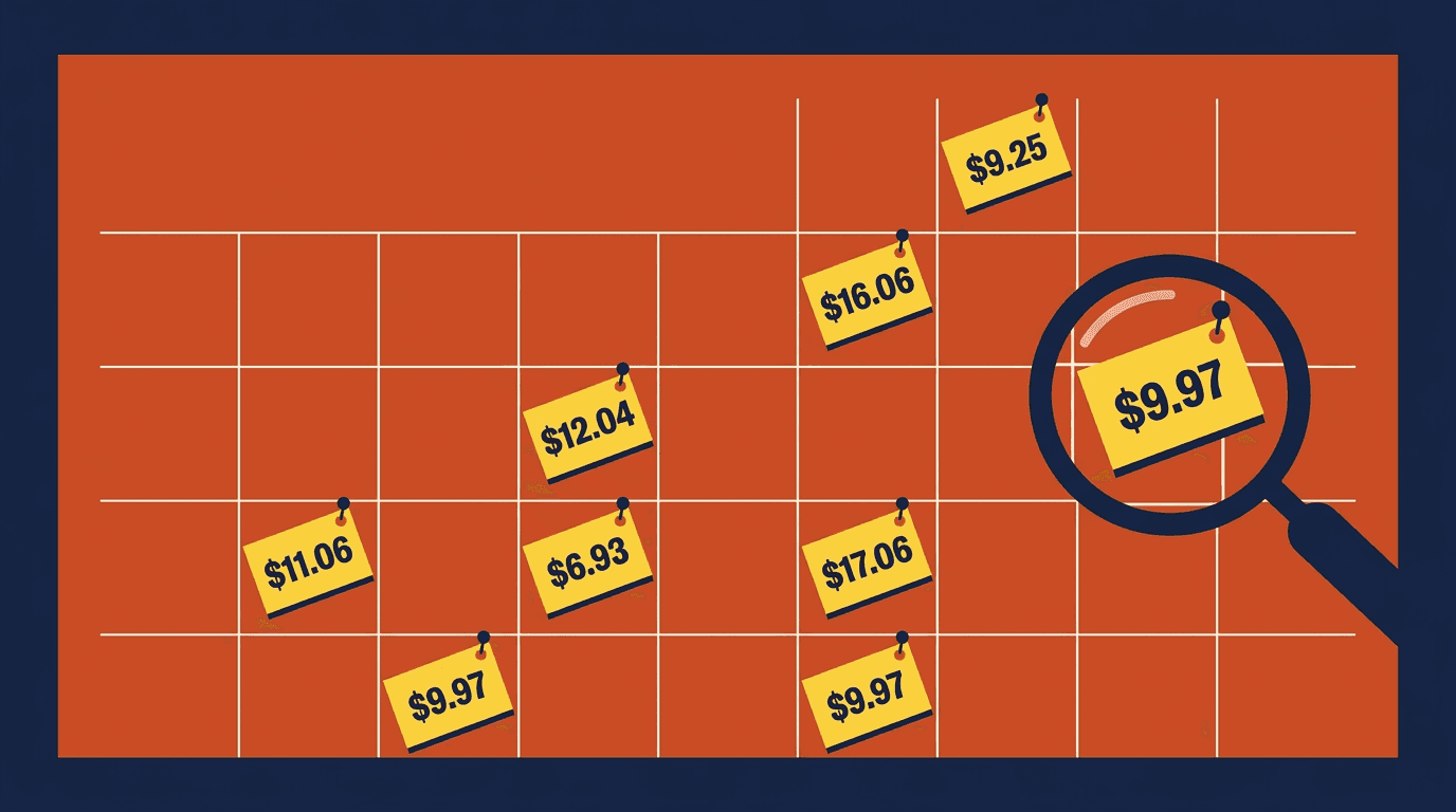 Illustration of a calendar grid with clearance price tags pinned at random, unpatterned dates, one under a magnifying glass