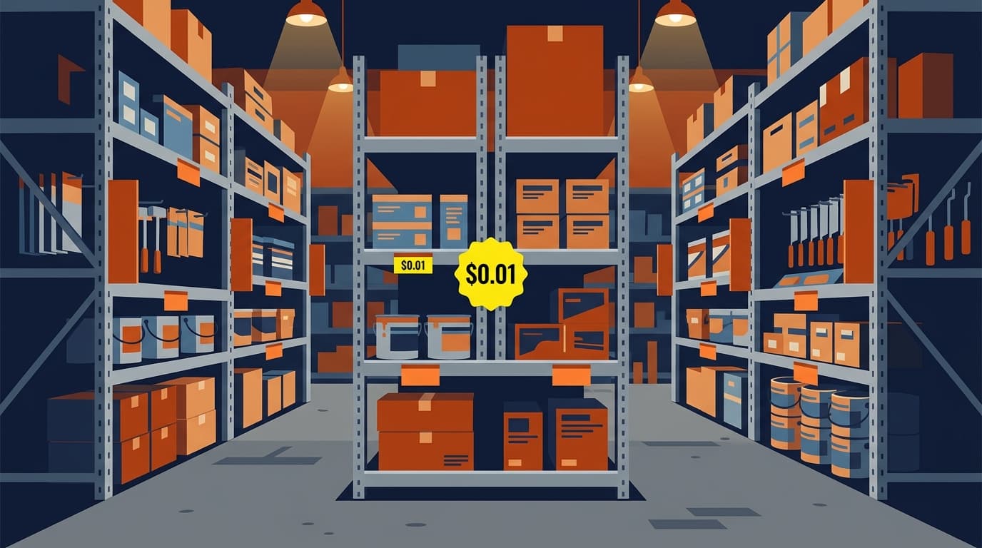 Illustration of a warehouse aisle with a bright yellow $0.01 clearance tag