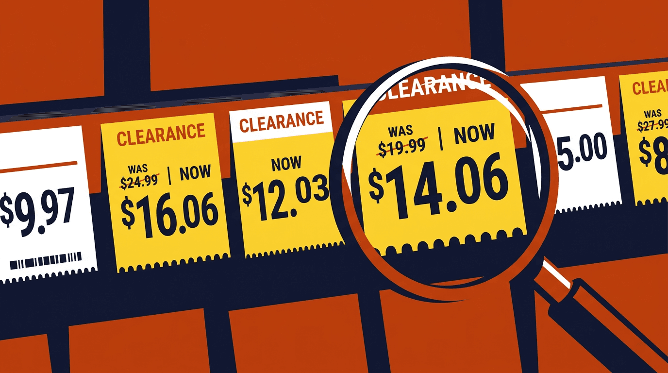Illustration of clearance price tags with a magnifying glass over one ending in .06